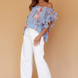 Miranda Off-Shoulder Ruffle Sleeve Top Floral Print Blue