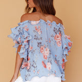 Miranda Off-Shoulder Ruffle Sleeve Top Floral Print Blue
