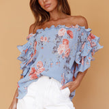 Miranda Off-Shoulder Ruffle Sleeve Top Floral Print Blue