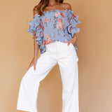 Miranda Off-Shoulder Ruffle Sleeve Top Floral Print Blue