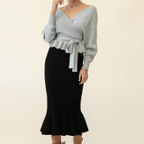 Shalon Ribbed Knit Fluted Hem Midi Skirt Antique Black