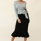Shalon Ribbed Knit Fluted Hem Midi Skirt Antique Black