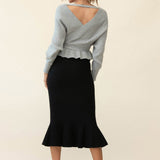 Shalon Ribbed Knit Fluted Hem Midi Skirt Antique Black
