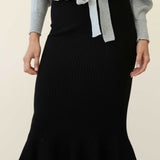Shalon Ribbed Knit Fluted Hem Midi Skirt Antique Black