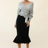 Shalon Ribbed Knit Fluted Hem Midi Skirt Antique Black
