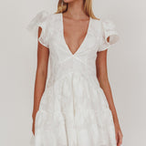 Irenna Ruffle Sleeve V-Neck Mini Dress Textured White