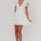 Irenna Ruffle Sleeve V-Neck Mini Dress Textured White