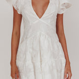 Irenna Ruffle Sleeve V-Neck Mini Dress Textured White