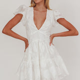 Irenna Ruffle Sleeve V-Neck Mini Dress Textured White