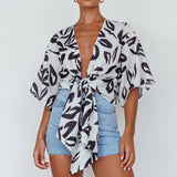 Rivera Deep-V Waist-Tie Top Leaves Black