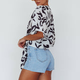 Rivera Deep-V Waist-Tie Top Leaves Black