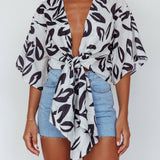 Rivera Deep-V Waist-Tie Top Leaves Black