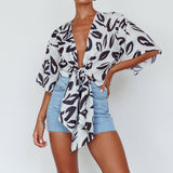 Rivera Deep-V Waist-Tie Top Leaves Black