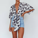 Rivera Deep-V Waist-Tie Top Leaves Black