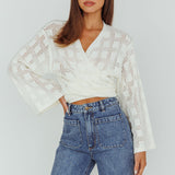 Rivera Deep-V Waist-Tie Top Crochet White