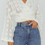Rivera Deep-V Waist-Tie Top Crochet White