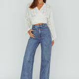 Rivera Deep-V Waist-Tie Top Crochet White