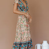Mayan Angel Sleeve Wrap Midi Dress Floral Nude