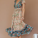 Mayan Angel Sleeve Wrap Midi Dress Floral Nude