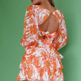 Romance Novel Long Sleeve Tied Back Floral Dress Orange