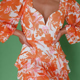 Romance Novel Long Sleeve Tied Back Floral Dress Orange