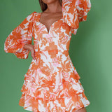 Romance Novel Long Sleeve Tied Back Floral Dress Orange