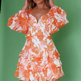 Romance Novel Long Sleeve Tied Back Floral Dress Orange