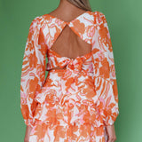 Romance Novel Long Sleeve Tied Back Floral Dress Orange