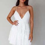 Mercy Surplice Neckline Accordion Pleat Dress White