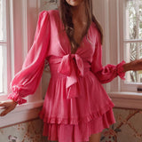 Anthea Bow-Tie Front Layered Frill Dress Hot Pink