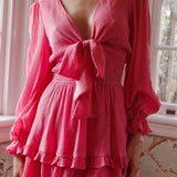 Anthea Bow-Tie Front Layered Frill Dress Hot Pink