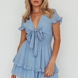 Anthea Bow-Tie Short Sleeve Frill Dress Cerulean