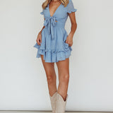 Anthea Bow-Tie Short Sleeve Frill Dress Cerulean