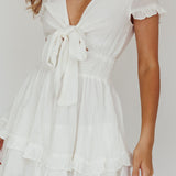 Anthea Bow-Tie Short Sleeve Frill Dress White