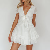 Anthea Bow-Tie Short Sleeve Frill Dress White