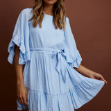 Joni Batwing Sleeve Waist Tie Dress Ruffle Blue