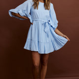 Joni Batwing Sleeve Waist Tie Dress Ruffle Blue