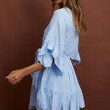Joni Batwing Sleeve Waist Tie Dress Ruffle Blue