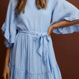 Joni Batwing Sleeve Waist Tie Dress Ruffle Blue