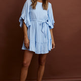 Joni Batwing Sleeve Waist Tie Dress Ruffle Blue