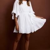 Joni Batwing Sleeve Waist Tie Dress Ruffle White
