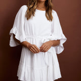 Joni Batwing Sleeve Waist Tie Dress Ruffle White