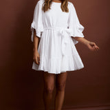 Joni Batwing Sleeve Waist Tie Dress Ruffle White