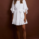 Joni Batwing Sleeve Waist Tie Dress Ruffle White
