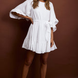Joni Batwing Sleeve Waist Tie Dress Ruffle White