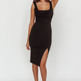 Arabella Ruched Wide Strap Front Knee Length Dress Black