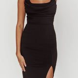 Arabella Ruched Wide Strap Front Knee Length Dress Black