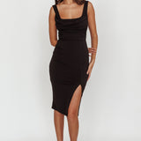 Arabella Ruched Wide Strap Front Knee Length Dress Black