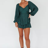 It's Complicated Long Sleeve Flounce Romper Forest Green