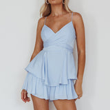 It's Complicated Crossover Bodice Flounce Romper Steel Blue